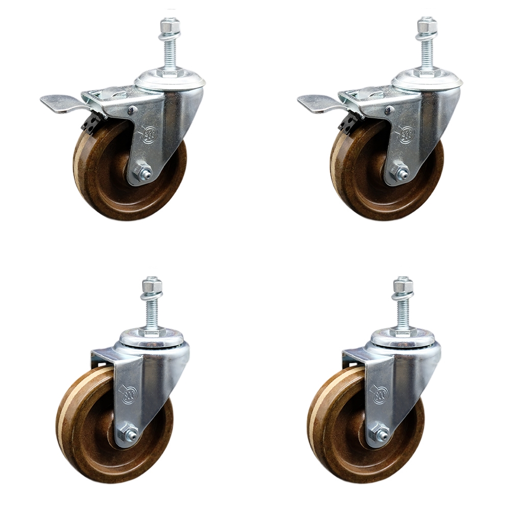Stainless Steel High Temp Phenolic Swivel Threaded Stem Caster Set 4 w/4" x 1.25" Brown Wheels and 3/8" Stems-Includes 2 with Total Locking Brake-1200 lbs Total Capacity-Service Caster Brand — photo 1
