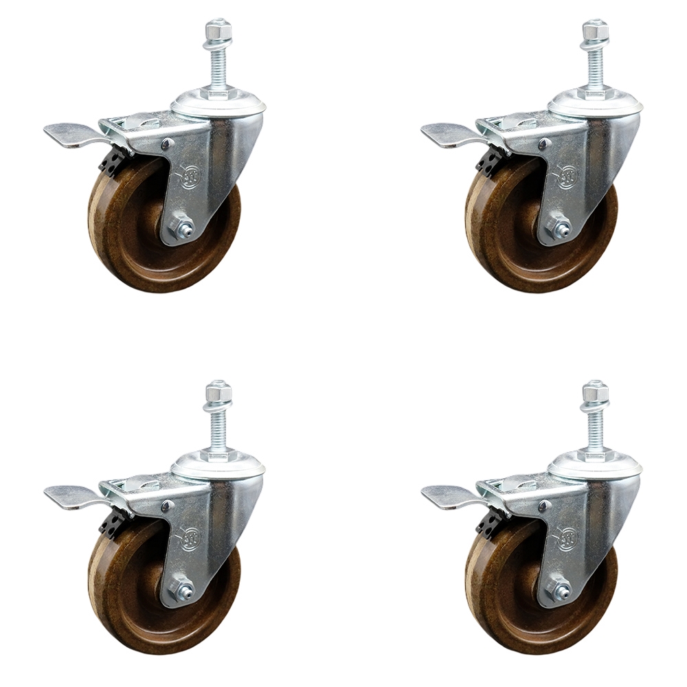 Stainless Steel High Temperature Phenolic Swivel Threaded Stem Caster Set of 4 w/4" x 1.25" Brown Wheels and 3/8" Stems - Includes 4 with Total Lock Brakes-1200 lbs Total Capacity-Service Caster Brand — photo 1