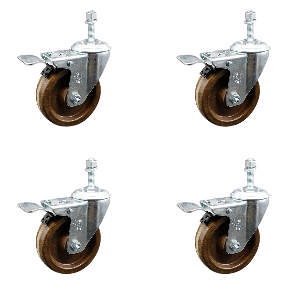 Stainless Steel High Temperature Phenolic Swivel Threaded Stem Caster Set of 4 w/4" x 1.25" Brown Wheels and 10mm Stems - Includes 4 with Total Lock Brakes-1200 lbs Total Capacity-Service Caster Brand — photo 1