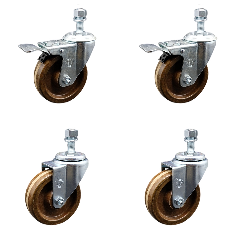 Stainless Steel High Temp Phenolic Swivel Threaded Stem Caster Set 4 w/4" x 1.25" Brown Wheels&12MM Metric Stems-Includes 2 w/Total Locking Brake-1200 lbs Total Capacity-Service Caster Brand — photo 1
