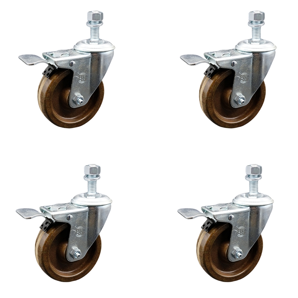 Stainless Steel High Temperature Phenolic Swivel Threaded Stem Caster Set of 4 w/4" x 1.25" Brown Wheels and 12mm Stems - Includes 4 with Total Lock Brakes-1200 lbs Total Capacity-Service Caster Brand — photo 1