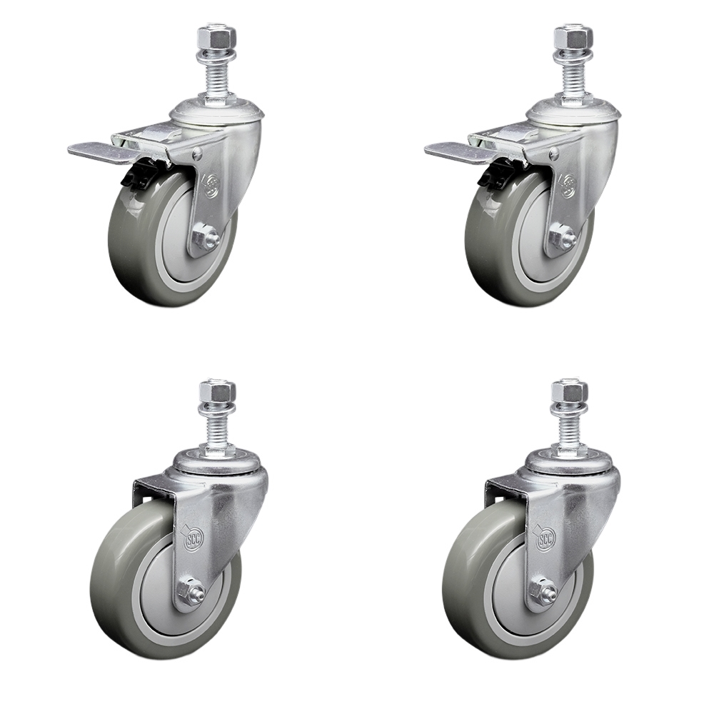 Stainless Steel Polyurethane Swivel Threaded Stem Caster Set of 4 w/4" x 1.25" Gray Wheels and 1/2" Stems - Includes 2 with Total Locking Brake - 1400 lbs Total Capacity - Service Caster Brand — photo 1