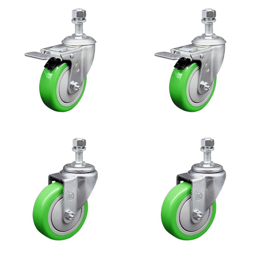 Stainless Steel Polyurethane Swivel Threaded Stem Caster Set of 4 w/4" x 1.25" Green Wheels and 1/2" Stems - Includes 2 with Total Locking Brake - 1400 lbs Total Capacity - Service Caster Brand — photo 1
