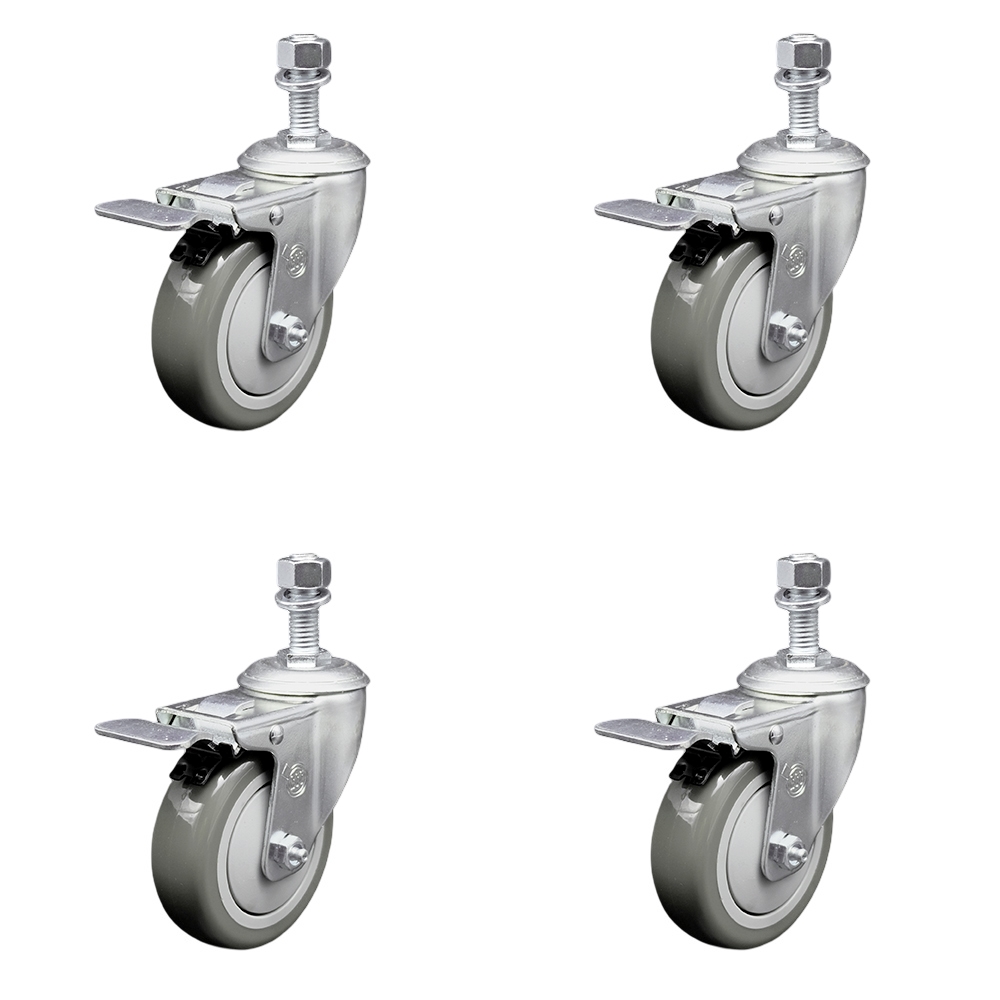 Stainless Steel Polyurethane Swivel Threaded Stem Caster Set of 4 w/4" x 1.25" Gray Wheels and 1/2" Stems - Includes 4 with Total Lock Brakes - 1400 lbs Total Capacity - Service Caster Brand — photo 1