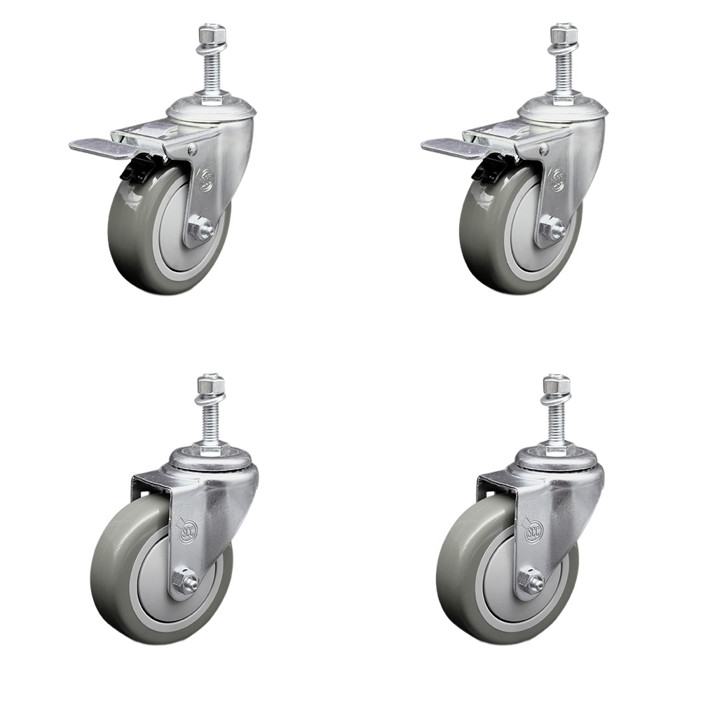 Stainless Steel Polyurethane Swivel Threaded Stem Caster Set of 4 w/4" x 1.25" Gray Wheels and 3/8" Stems - Includes 2 with Total Locking Brake - 1400 lbs Total Capacity - Service Caster Brand — photo 1