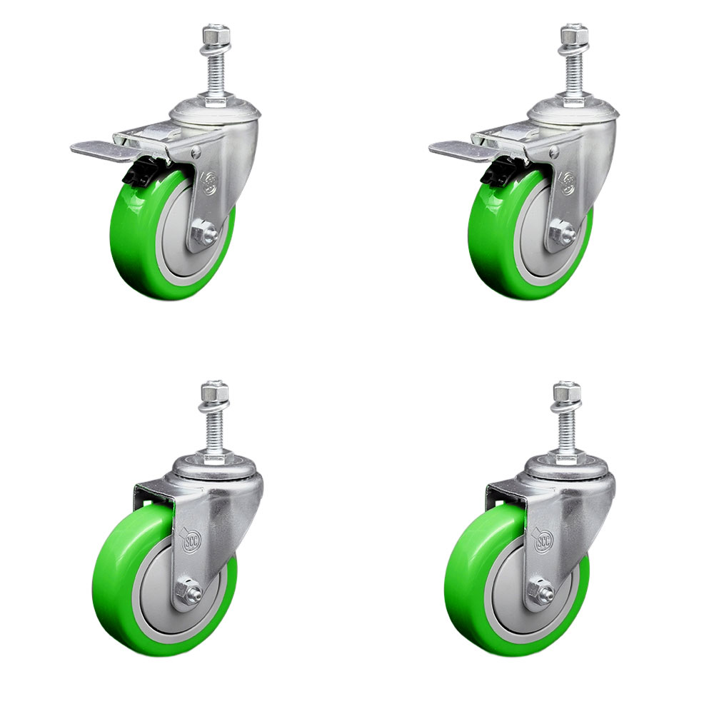 Stainless Steel Polyurethane Swivel Threaded Stem Caster Set of 4 w/4" x 1.25" Green Wheels and 3/8" Stems - Includes 2 with Total Locking Brake - 1400 lbs Total Capacity - Service Caster Brand — photo 1