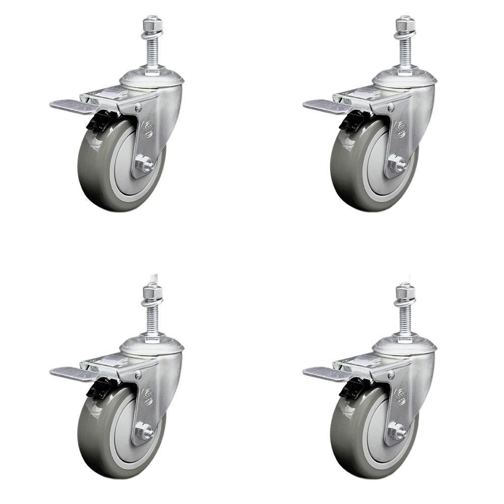 Stainless Steel Polyurethane Swivel Threaded Stem Caster Set of 4 w/4" x 1.25" Gray Wheels and 3/8" Stems - Includes 4 with Total Lock Brakes - 1400 lbs Total Capacity - Service Caster Brand — photo 1