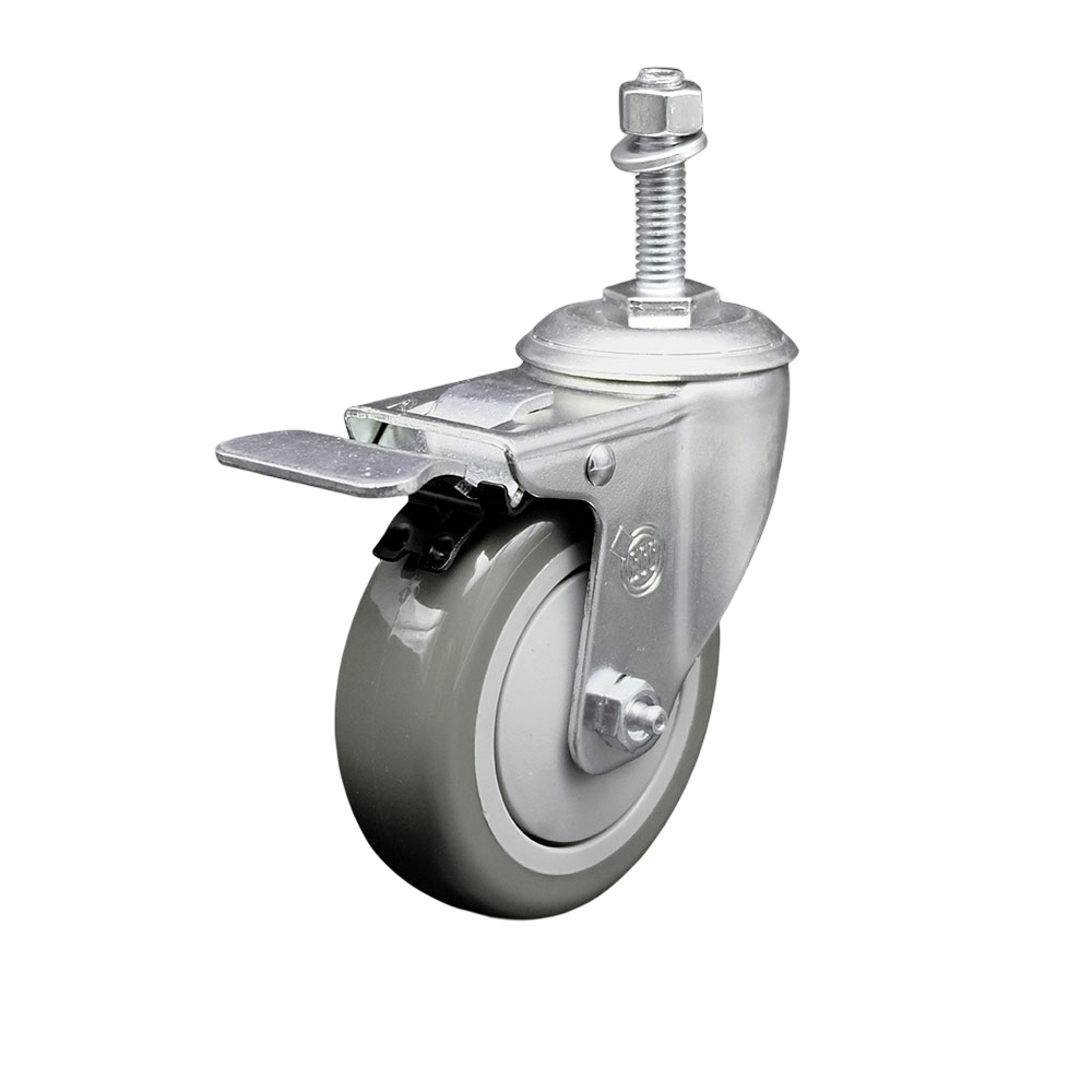 Stainless Steel Polyurethane Swivel Threaded Stem Caster w/4" x 1.25"  Gray Wheel and 3/8" Stem & Total Locking Brake - 350 lbs Capacity/Caster - Service Caster Brand — photo 1