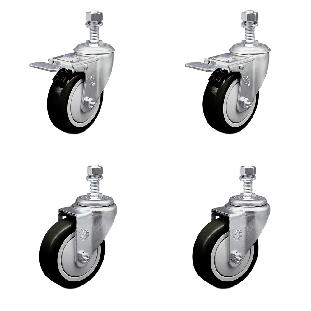 Stainless Steel Polyurethane Swivel Threaded Stem Caster Set of 4 w/4" x 1.25" Black Wheels and 1/2" Stems - Includes 2 with Total Locking Brake - 1400 lbs Total Capacity - Service Caster Brand — photo 1