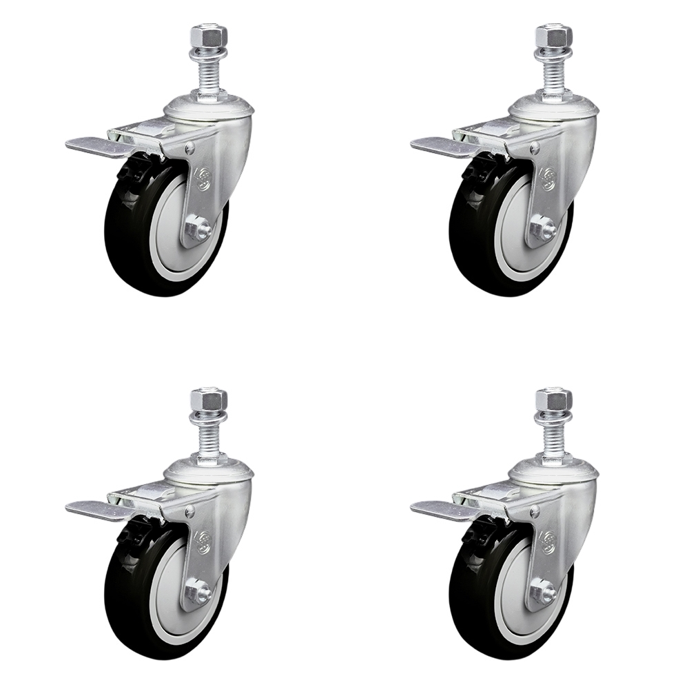 Stainless Steel Polyurethane Swivel Threaded Stem Caster Set of 4 w/4" x 1.25" Black Wheels and 1/2" Stems - Includes 4 with Total Lock Brakes - 1400 lbs Total Capacity - Service Caster Brand — photo 1