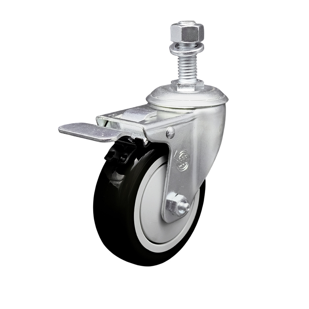 Stainless Steel Polyurethane Swivel Threaded Stem Caster w/4" x 1.25"  Black Wheel and 1/2" Stem & Total Locking Brake - 350 lbs Capacity/Caster - Service Caster Brand — photo 1