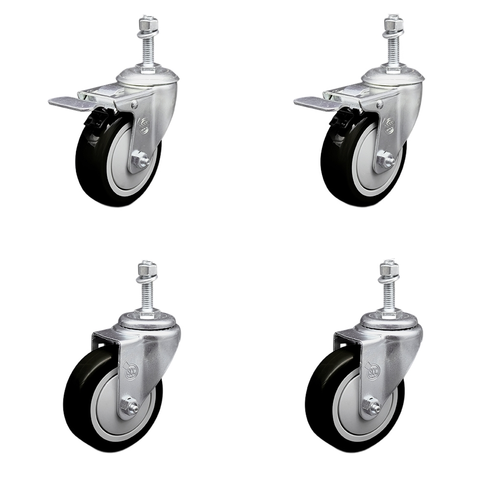 Stainless Steel Polyurethane Swivel Threaded Stem Caster Set of 4 w/4" x 1.25" Black Wheels and 3/8" Stems - Includes 2 with Total Locking Brake - 1400 lbs Total Capacity - Service Caster Brand — photo 1