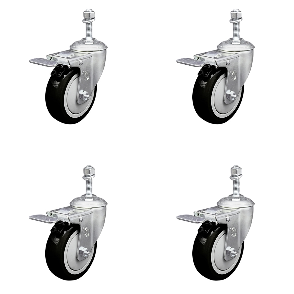 Stainless Steel Polyurethane Swivel Threaded Stem Caster Set of 4 w/4" x 1.25" Black Wheels and 3/8" Stems - Includes 4 with Total Lock Brakes - 1400 lbs Total Capacity - Service Caster Brand — photo 1