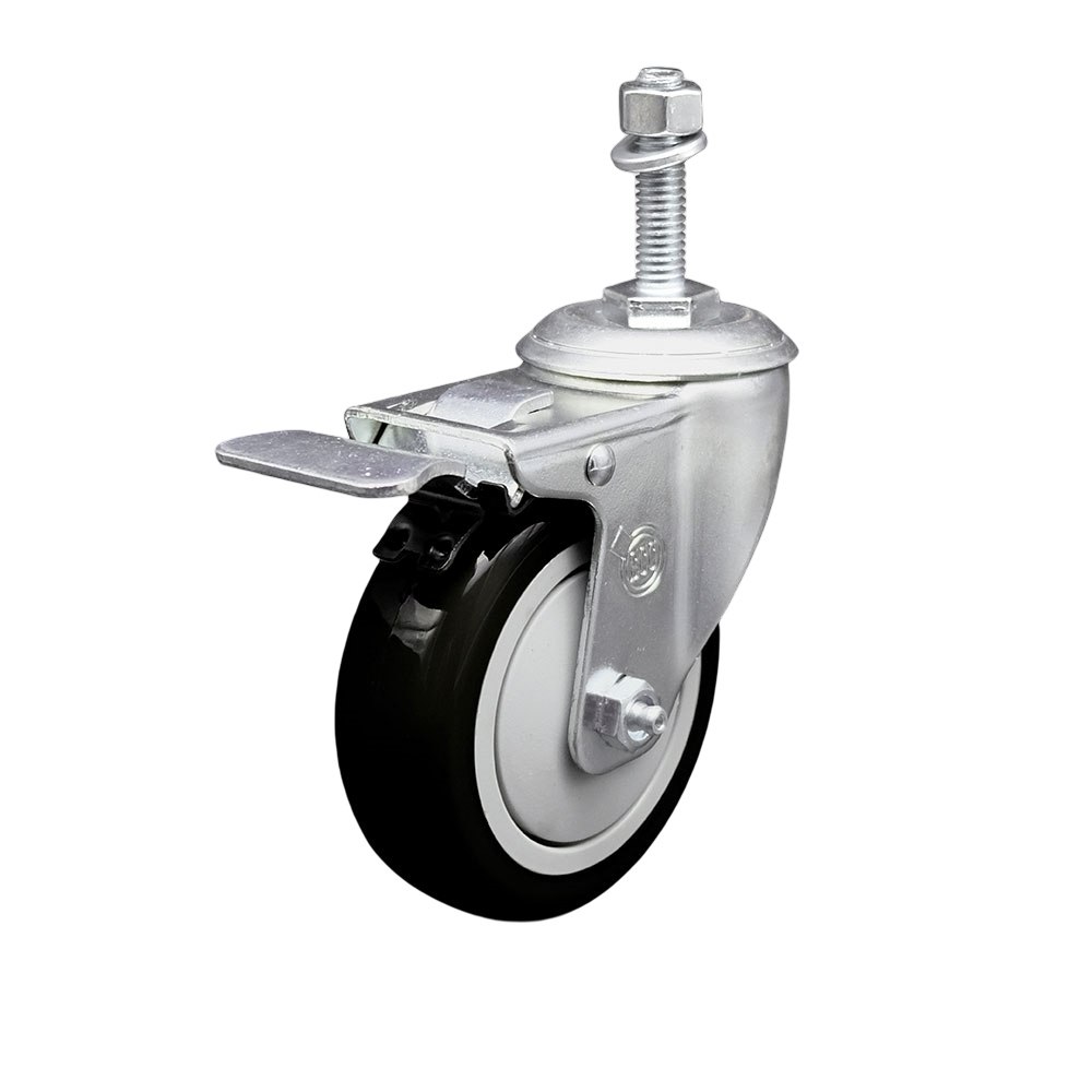 Stainless Steel Polyurethane Swivel Threaded Stem Caster w/4" x 1.25"  Black Wheel and 3/8" Stem & Total Locking Brake - 350 lbs Capacity/Caster - Service Caster Brand — photo 1