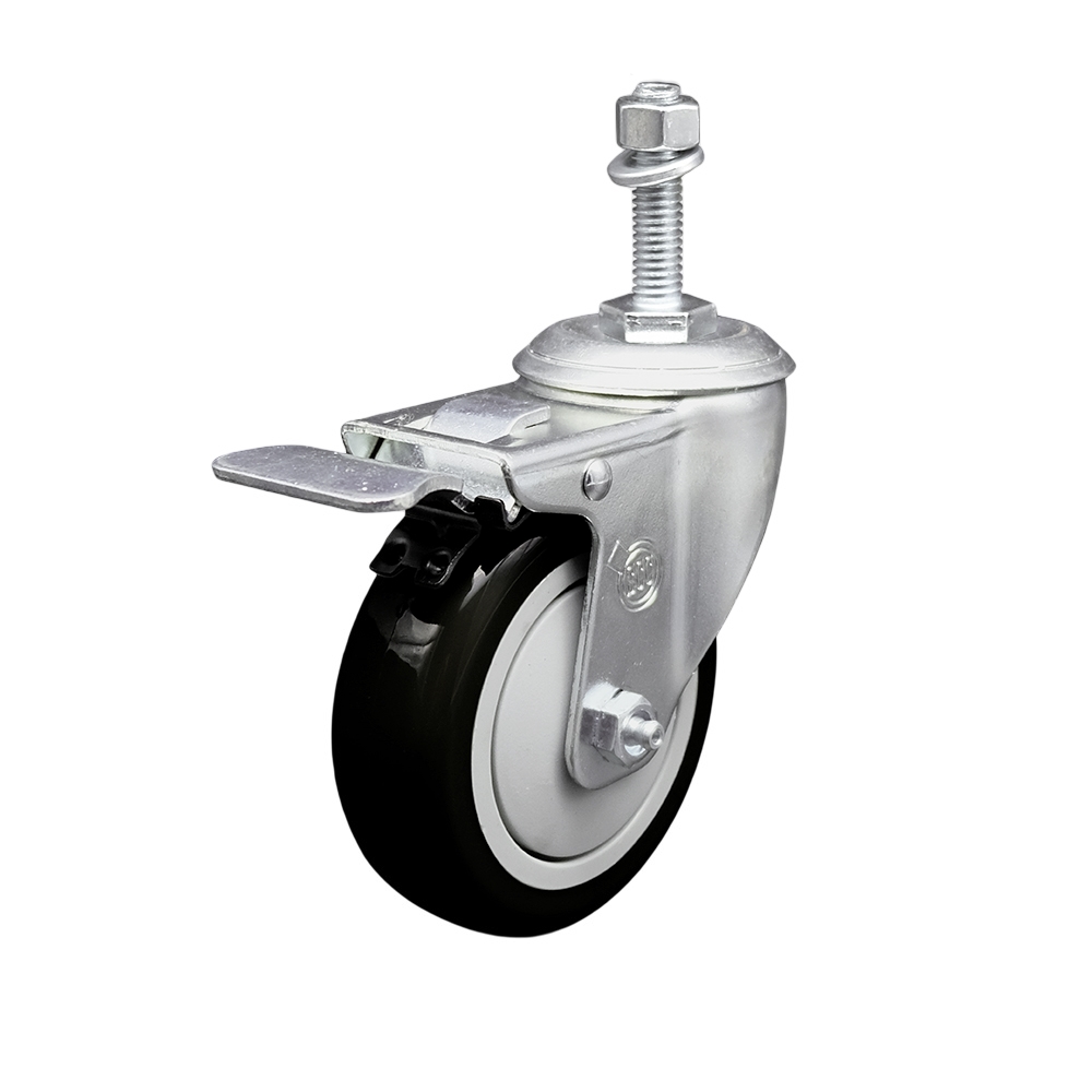 Stainless Steel Polyurethane Swivel Threaded Stem Caster w/4" x 1.25"  Black Wheel and 10mm Stem & Total Locking Brake - 350 lbs Capacity/Caster - Service Caster Brand — photo 1