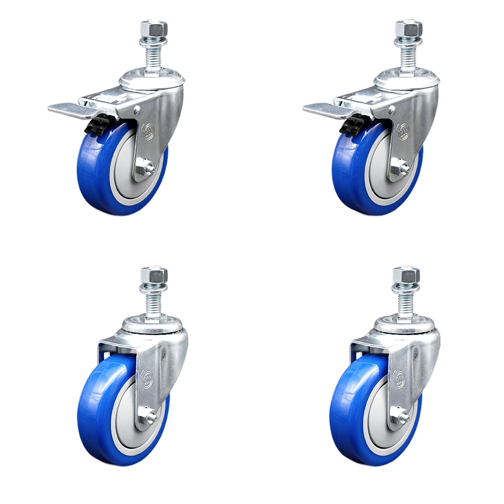Stainless Steel Polyurethane Swivel Threaded Stem Caster Set of 4 w/4" x 1.25" Blue Wheels and 12mm Stems - Includes 2 with Total Locking Brake - 1400 lbs Total Capacity - Service Caster Brand — photo 1