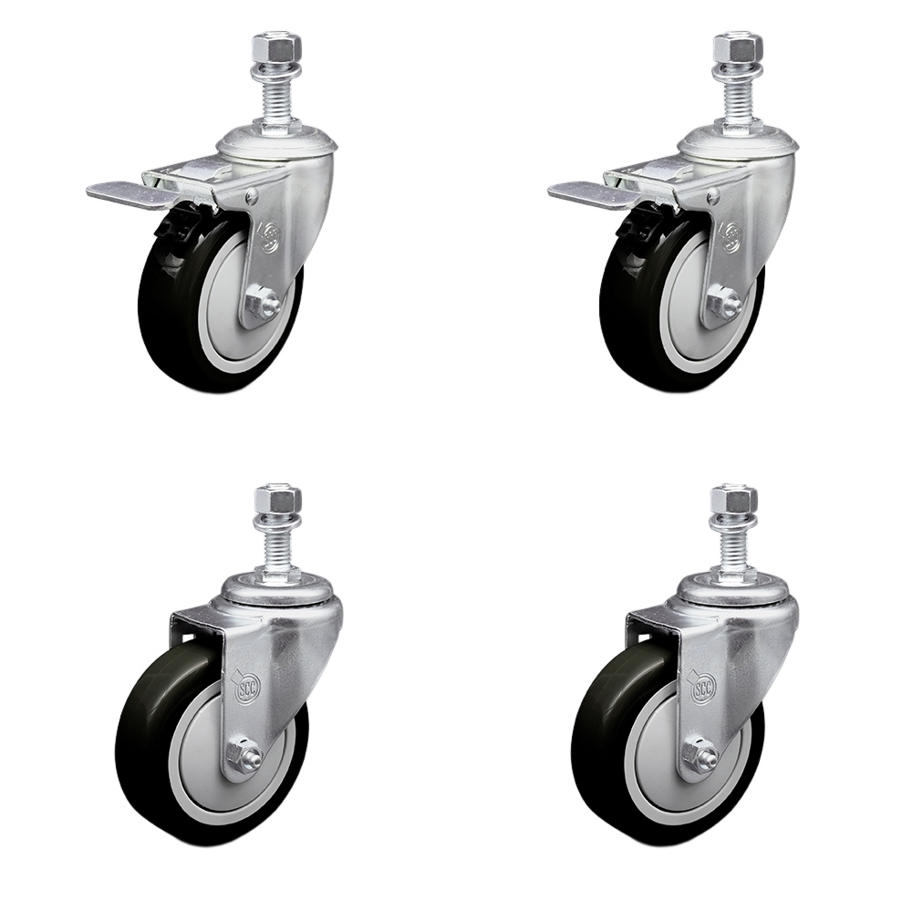 Stainless Steel Polyurethane Swivel Threaded Stem Caster Set of 4 w/4" x 1.25"  Black Wheels and 12mm Stems - Includes 2 with Total Locking Brake - 1400 lbs Total Capacity - Service Caster Brand — photo 1