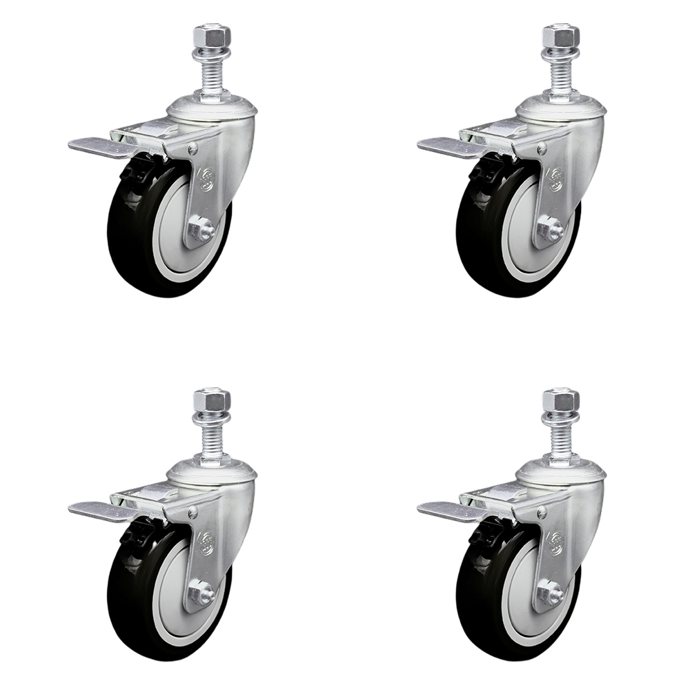 Stainless Steel Polyurethane Swivel Threaded Stem Caster Set of 4 w/4" x 1.25" Black Wheels and 12mm Stems - Includes 4 with Total Lock Brakes - 1400 lbs Total Capacity - Service Caster Brand — photo 1