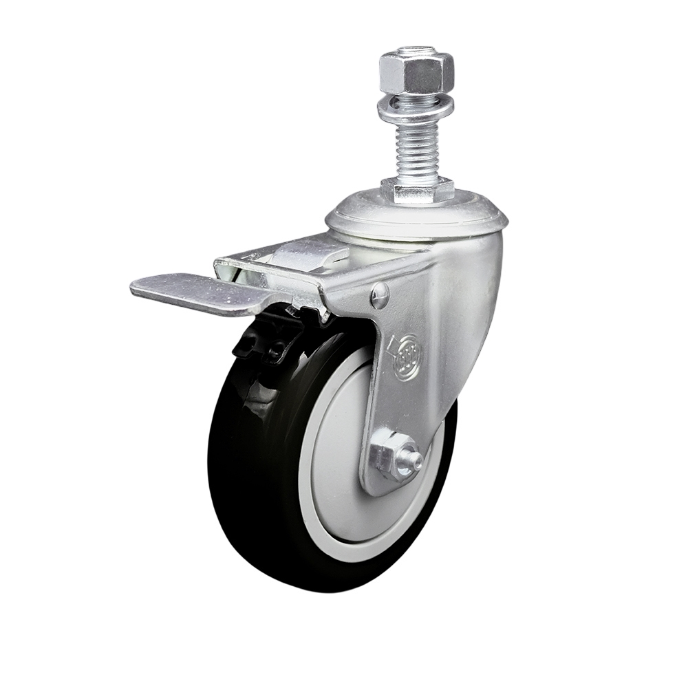 Stainless Steel Polyurethane Swivel Threaded Stem Caster w/4" x 1.25"  Black Wheel and 12mm Stem & Total Locking Brake - 350 lbs Capacity/Caster - Service Caster Brand — photo 1