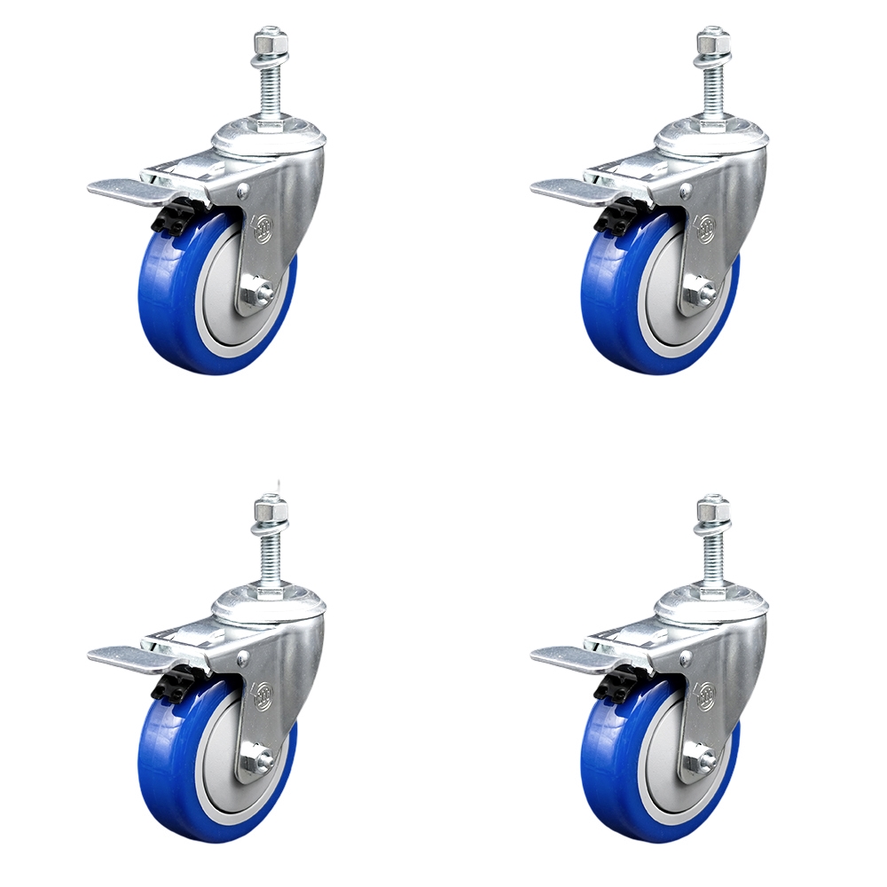 Stainless Steel Polyurethane Swivel Threaded Stem Caster Set of 4 w/4" x 1.25" Blue Wheels and 3/8" Stems - Includes 4 with Total Lock Brakes - 1400 lbs Total Capacity - Service Caster Brand — photo 1