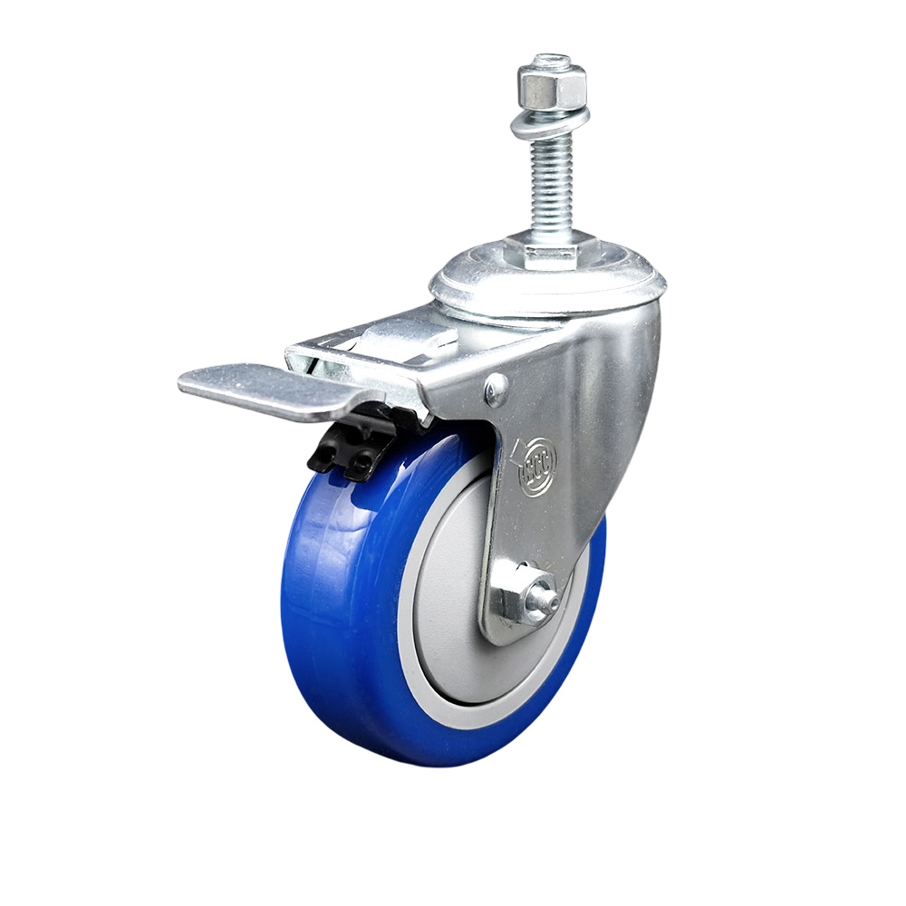 Stainless Steel Polyurethane Swivel Threaded Stem Caster w/4" x 1.25"  Blue Wheel and 3/8" Stem & Total Locking Brake - 350 lbs Capacity/Caster - Service Caster Brand — photo 1