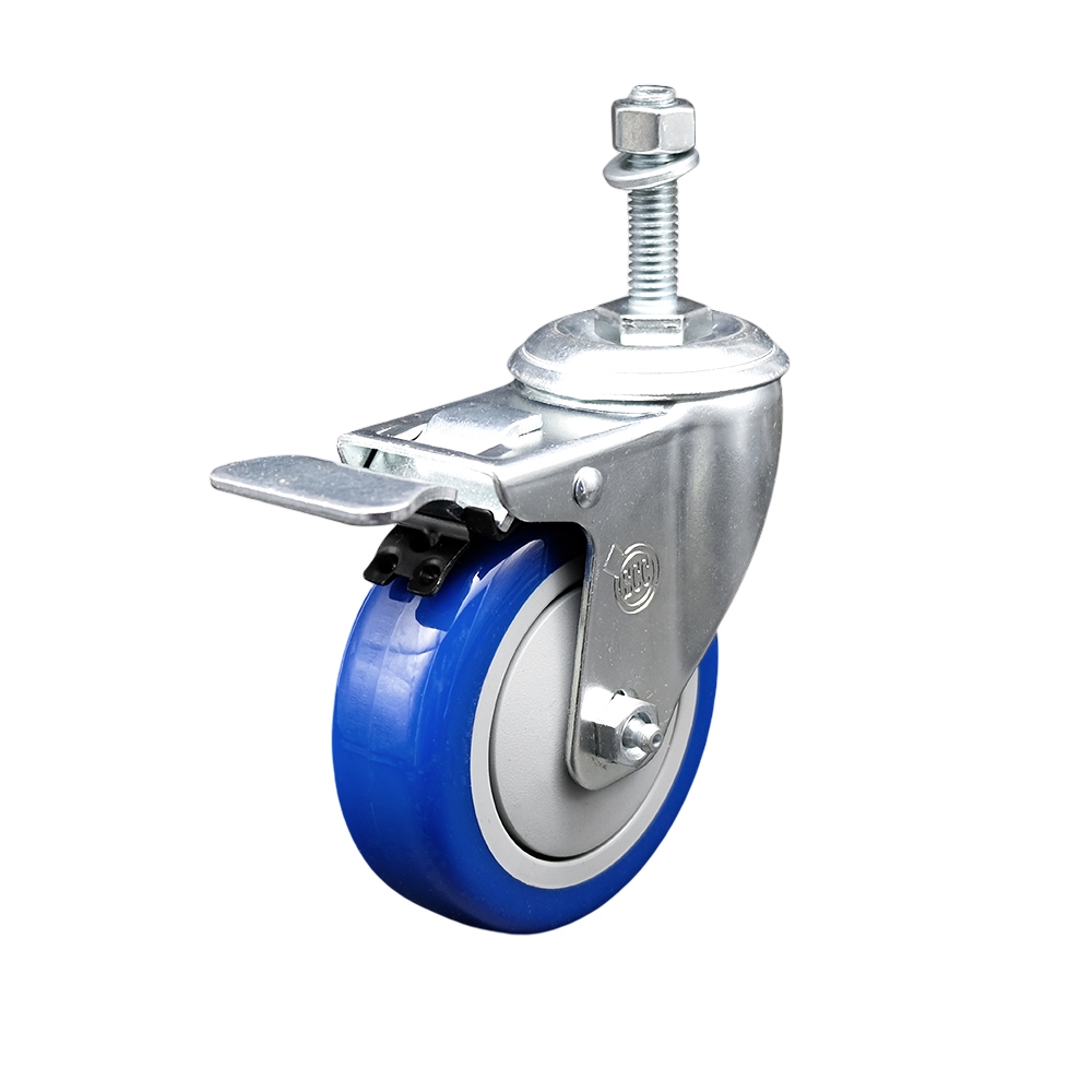 Stainless Steel Polyurethane Swivel Threaded Stem Caster w/4" x 1.25"  Blue Wheel and 10mm Stem & Total Locking Brake - 350 lbs Capacity/Caster - Service Caster Brand — photo 1