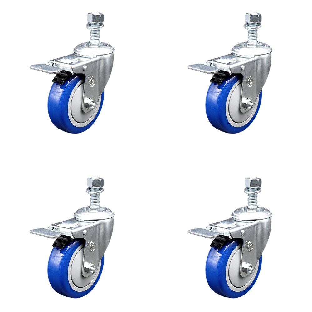 Stainless Steel Polyurethane Swivel Threaded Stem Caster Set of 4 w/4" x 1.25" Blue Wheels and 12mm Stems - Includes 4 with Total Lock Brakes - 1400 lbs Total Capacity - Service Caster Brand — photo 1