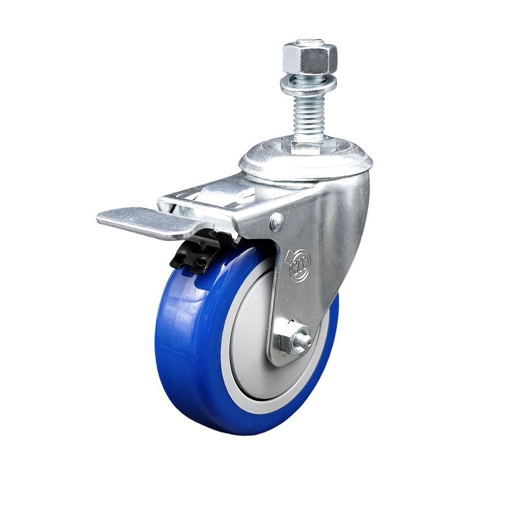 Stainless Steel Polyurethane Swivel Threaded Stem Caster w/4" x 1.25"  Blue Wheel and 12mm Stem & Total Locking Brake - 350 lbs Capacity/Caster - Service Caster Brand — photo 1