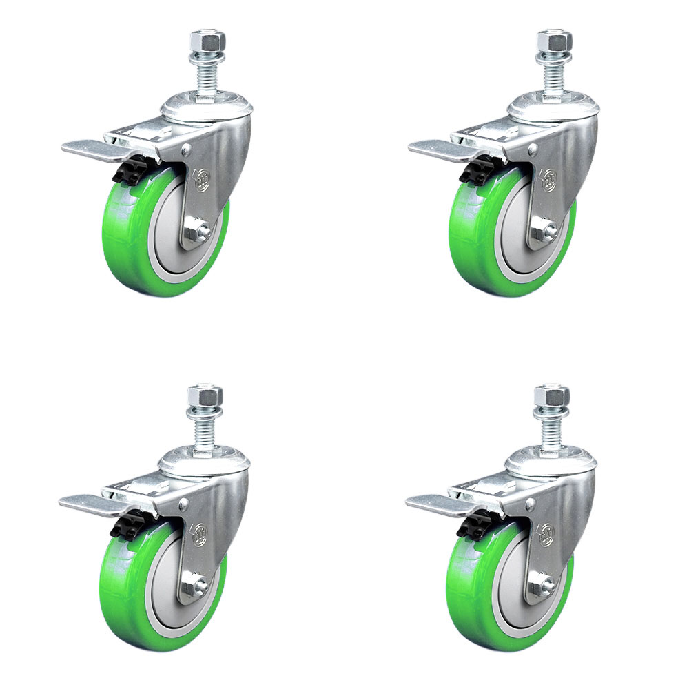 Stainless Steel Polyurethane Swivel Threaded Stem Caster Set of 4 w/4" x 1.25" Green Wheels and 1/2" Stems - Includes 4 with Total Lock Brakes - 1400 lbs Total Capacity - Service Caster Brand — photo 1