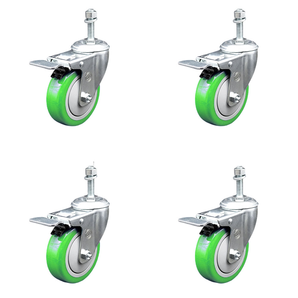 Stainless Steel Polyurethane Swivel Threaded Stem Caster Set of 4 w/4" x 1.25" Green Wheels and 3/8" Stems - Includes 4 with Total Lock Brakes - 1400 lbs Total Capacity - Service Caster Brand — photo 1