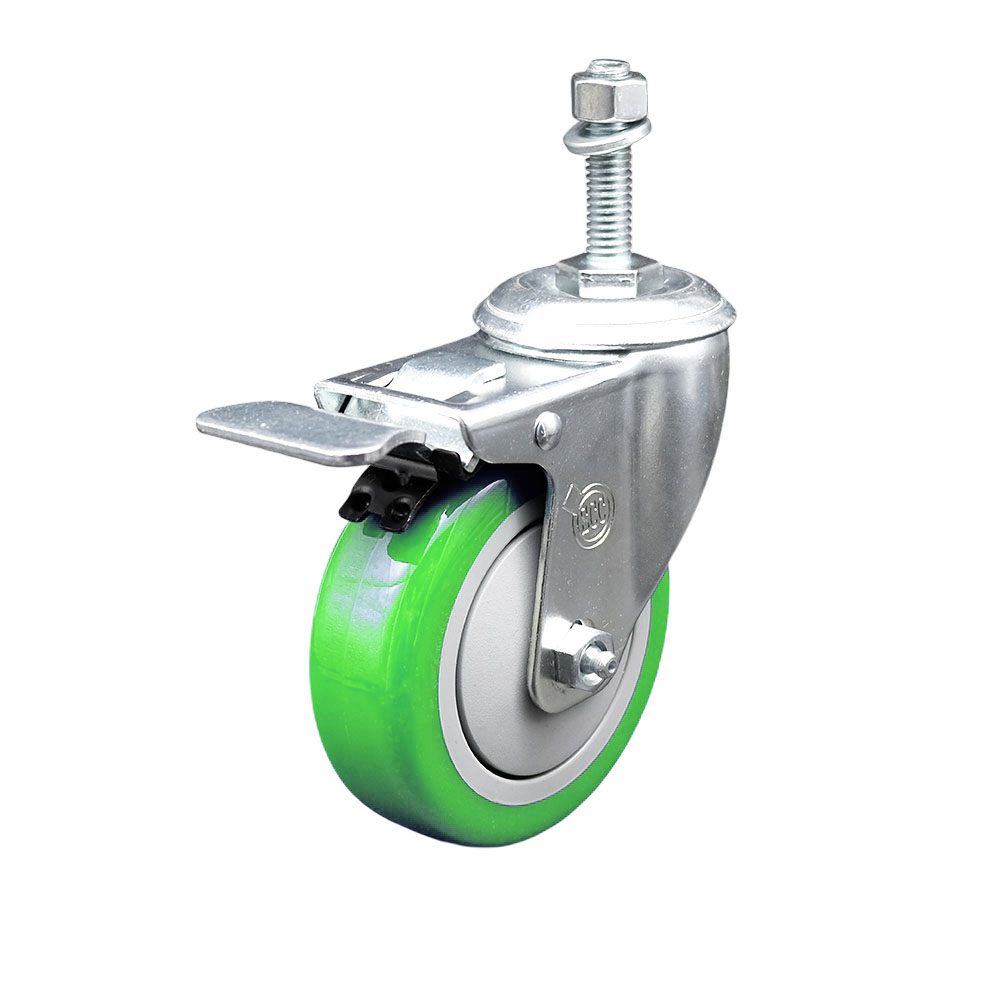 Stainless Steel Polyurethane Swivel Threaded Stem Caster w/4" x 1.25"  Green Wheel and 3/8" Stem & Total Locking Brake - 350 lbs Capacity/Caster - Service Caster Brand — photo 1