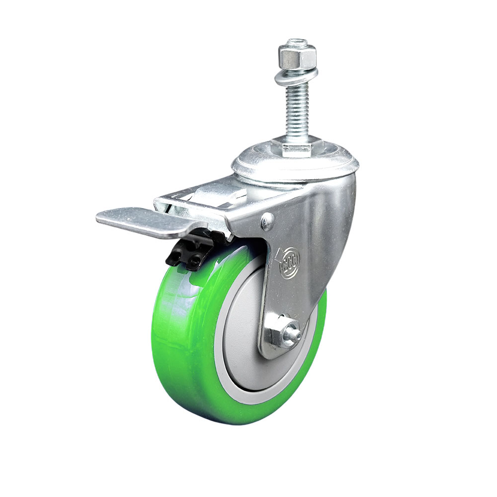 Stainless Steel Polyurethane Swivel Threaded Stem Caster w/4" x 1.25" Green Wheel and 10mm Stem & Total Locking Brake - 350 lbs Capacity/Caster - Service Caster Brand — photo 1