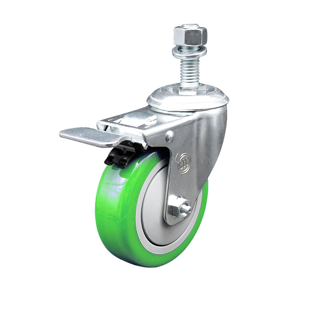 Stainless Steel Polyurethane Swivel Threaded Stem Caster w/4" x 1.25"  Green Wheel and 12mm Stem & Total Locking Brake - 350 lbs Capacity/Caster - Service Caster Brand — photo 1