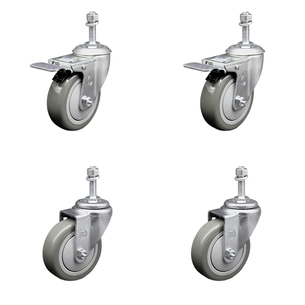 Stainless Steel Polyurethane Swivel Threaded Stem Caster Set of 4 w/4" x 1.25" Gray Wheels and 10mm Stems - Includes 2 with Total Locking Brake - 1400 lbs Total Capacity - Service Caster Brand — photo 1