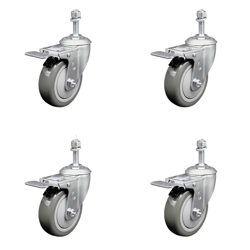 Stainless Steel Polyurethane Swivel Threaded Stem Caster Set of 4 w/4" x 1.25" Gray Wheels and 10mm Stems - Includes 4 with Total Lock Brakes - 1400 lbs Total Capacity - Service Caster Brand — photo 1