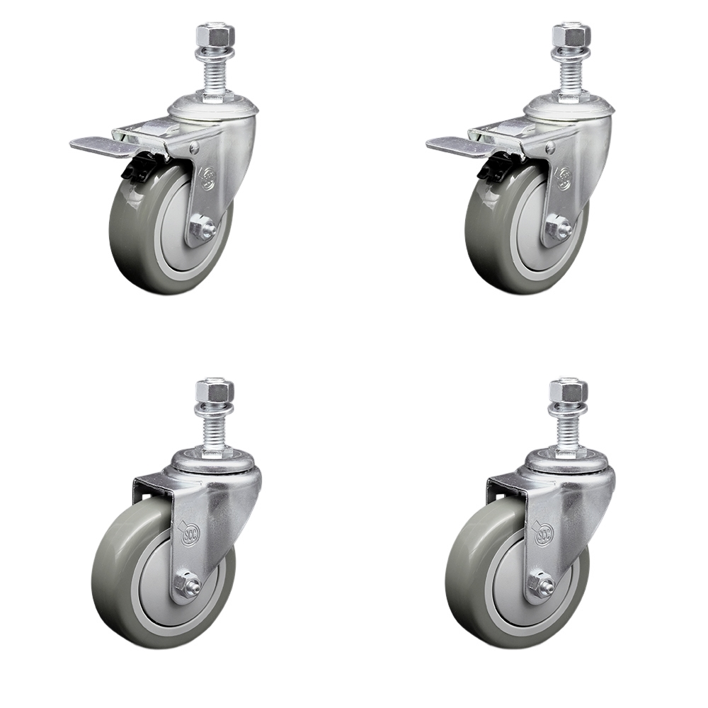 Stainless Steel Polyurethane Swivel Threaded Stem Caster Set of 4 w/4" x 1.25" Gray Wheels and 12mm Stems - Includes 2 with Total Locking Brake - 1400 lbs Total Capacity - Service Caster Brand — photo 1