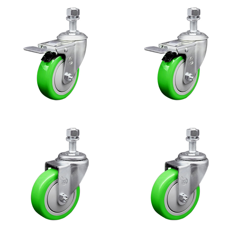 Stainless Steel Polyurethane Swivel Threaded Stem Caster Set of 4 w/4" x 1.25"  Green Wheels and 12mm Stems - Includes 2 with Total Locking Brake - 1400 lbs Total Capacity - Service Caster Brand — photo 1
