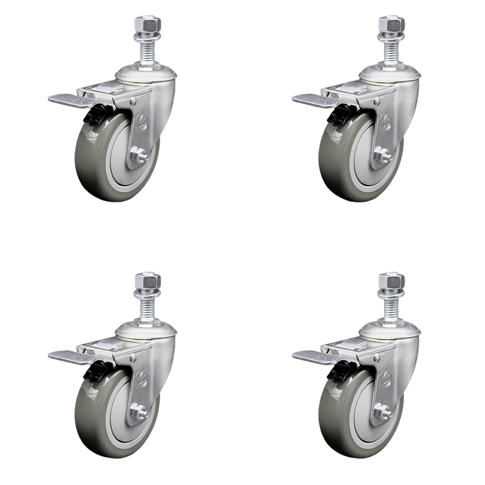 Stainless Steel Polyurethane Swivel Threaded Stem Caster Set of 4 w/4" x 1.25" Gray Wheels and 12mm Stems - Includes 4 with Total Lock Brakes - 1400 lbs Total Capacity - Service Caster Brand — photo 1