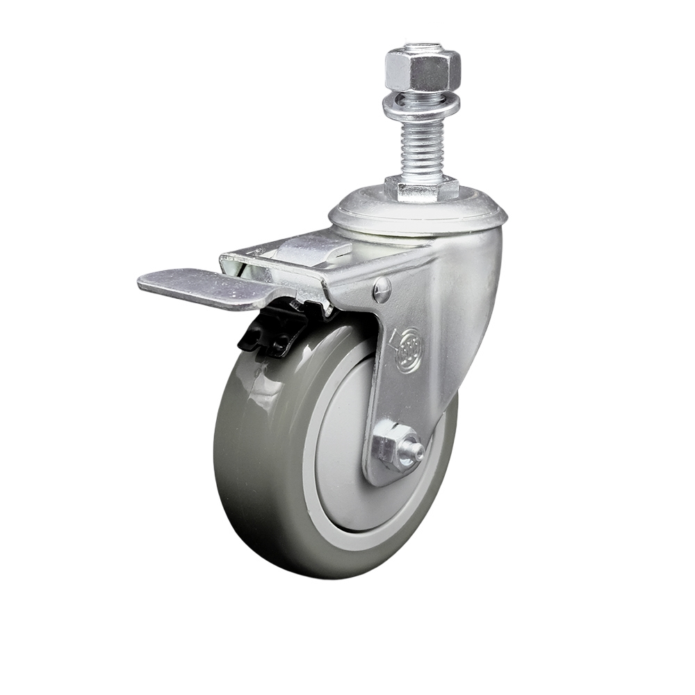 Stainless Steel Polyurethane Swivel Threaded Stem Caster w/4" x 1.25" Gray Wheel and 12mm Stem & Total Locking Brake - 350 lbs Capacity/Caster - Service Caster Brand — photo 1
