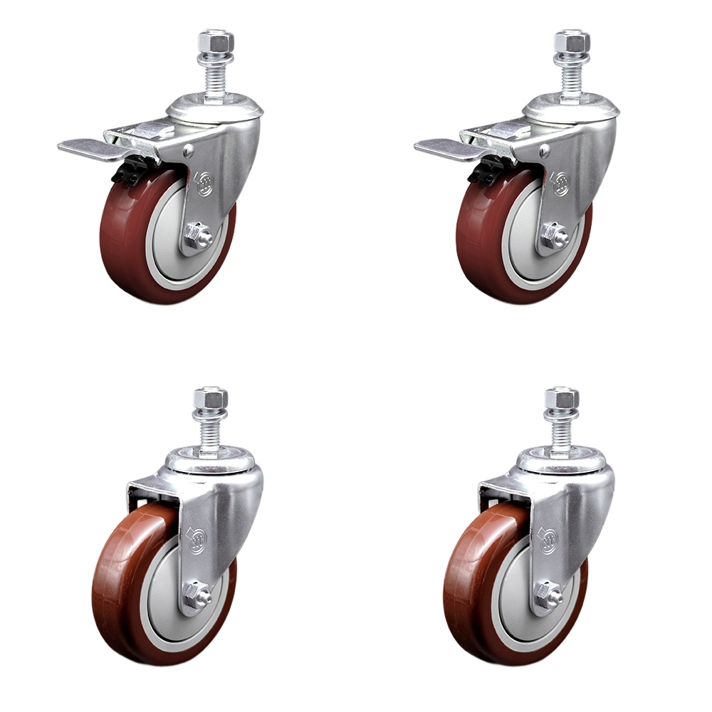 Stainless Steel Polyurethane Swivel Threaded Stem Caster Set of 4 w/4" x 1.25" Maroon Wheels and 1/2" Stems - Includes 2 with Total Locking Brake - 1400 lbs Total Capacity - Service Caster Brand — photo 1