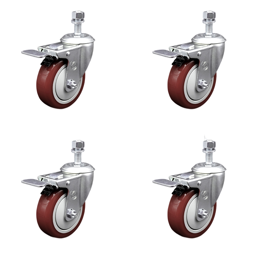 Stainless Steel Polyurethane Swivel Threaded Stem Caster Set of 4 w/4" x 1.25" Maroon Wheels and 1/2" Stems - Includes 4 with Total Lock Brakes - 1400 lbs Total Capacity - Service Caster Brand — photo 1
