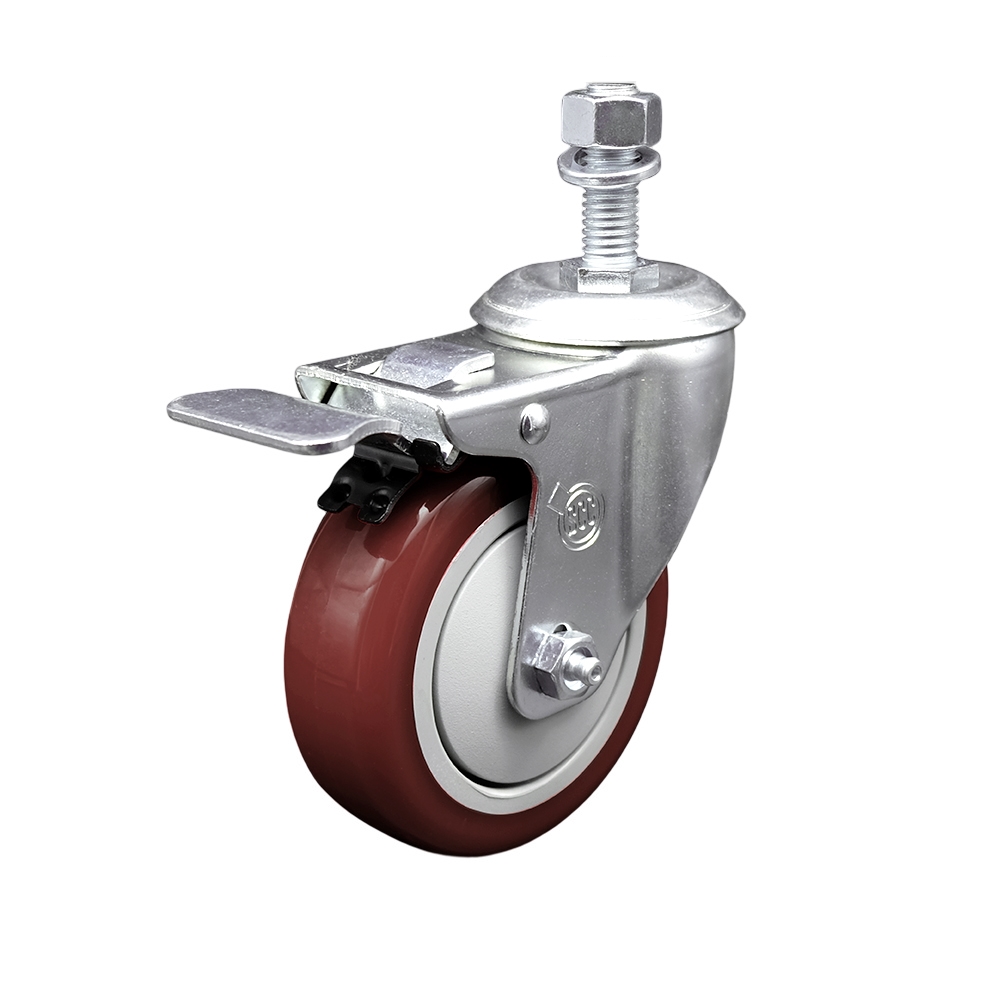 Stainless Steel Polyurethane Swivel Threaded Stem Caster w/4" x 1.25"  Maroon Wheel and 1/2" Stem & Total Locking Brake - 350 lbs Capacity/Caster - Service Caster Brand — photo 1