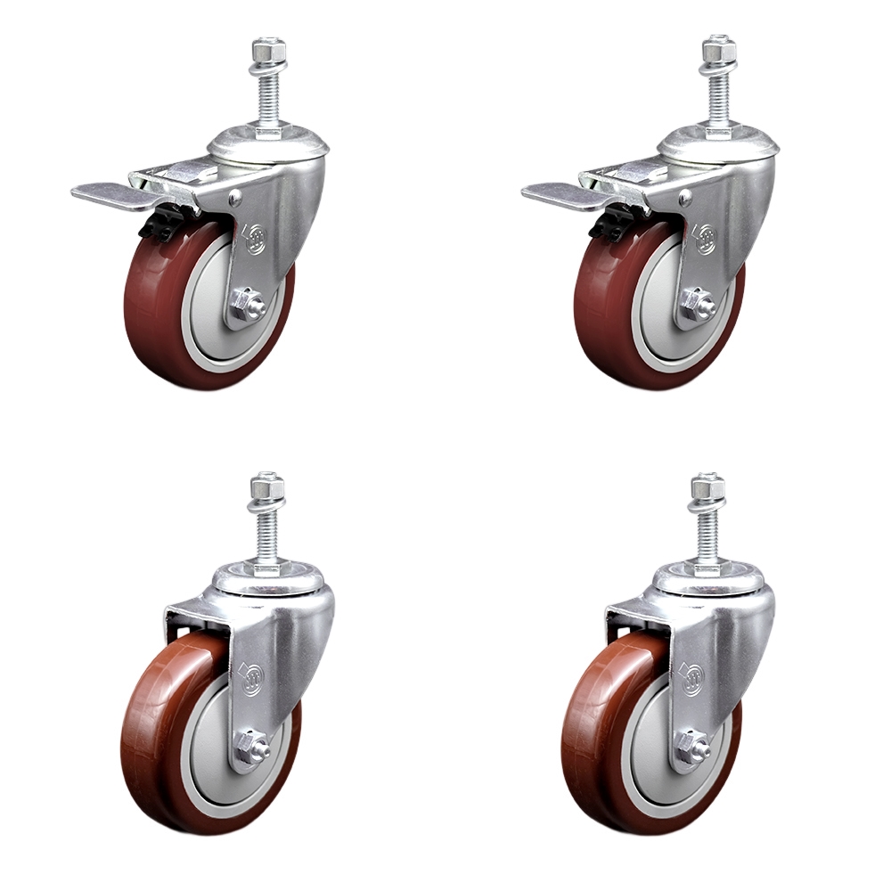 Stainless Steel Polyurethane Swivel Threaded Stem Caster Set of 4 w/4" x 1.25" Maroon Wheels and 10mm Stems - Includes 2 with Total Locking Brake - 1400 lbs Total Capacity - Service Caster Brand — photo 1