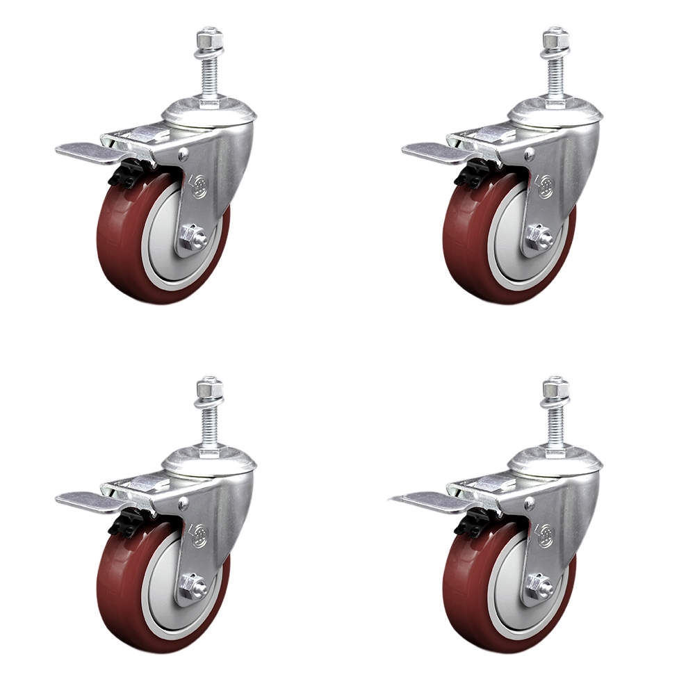 Stainless Steel Polyurethane Swivel Threaded Stem Caster Set of 4 w/4" x 1.25" Maroon Wheels and 10mm Stems - Includes 4 with Total Lock Brakes - 1400 lbs Total Capacity - Service Caster Brand — photo 1