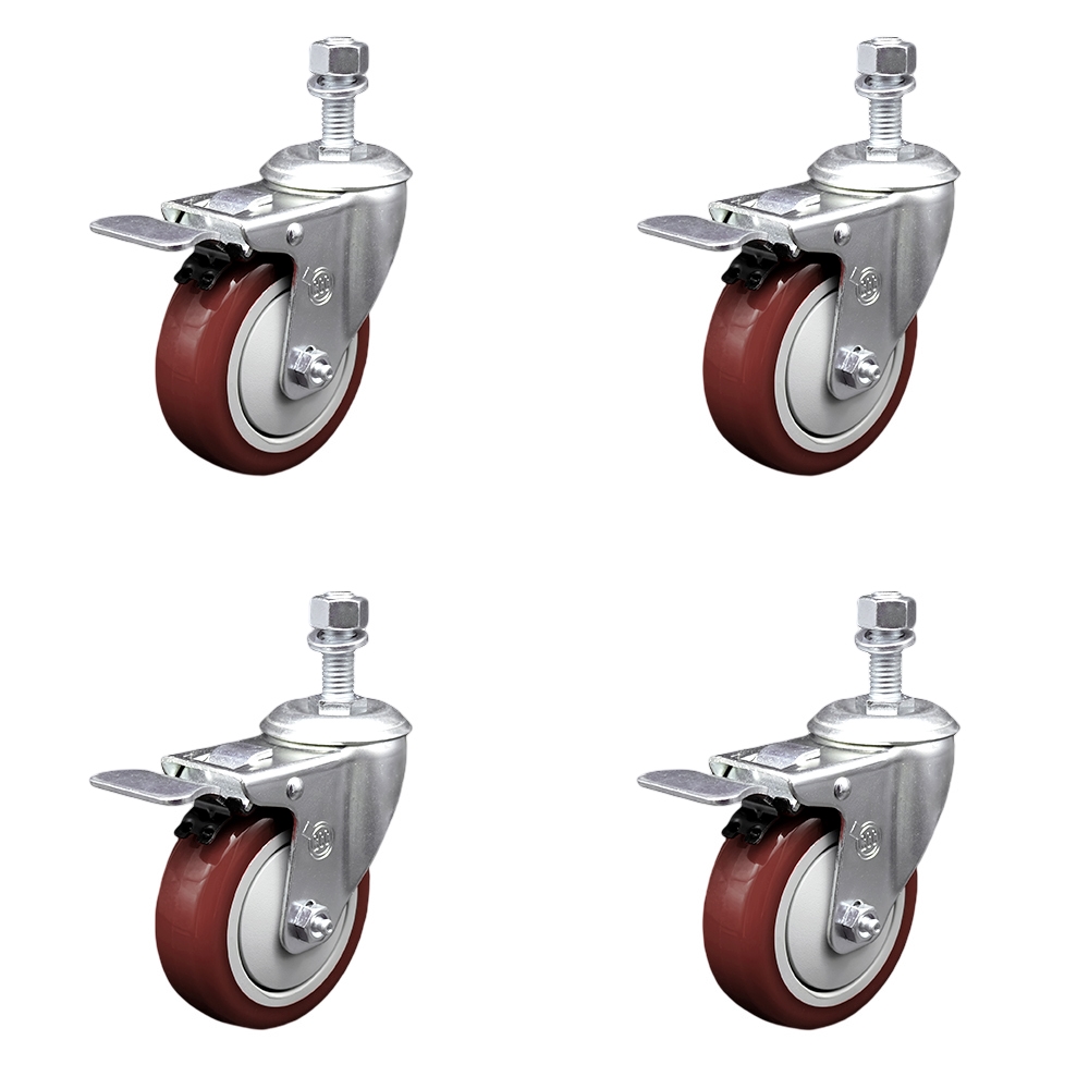 Stainless Steel Polyurethane Swivel Threaded Stem Caster Set of 4 w/4" x 1.25" Maroon Wheels and 12mm Stems - Includes 4 with Total Lock Brakes - 1400 lbs Total Capacity - Service Caster Brand — photo 1