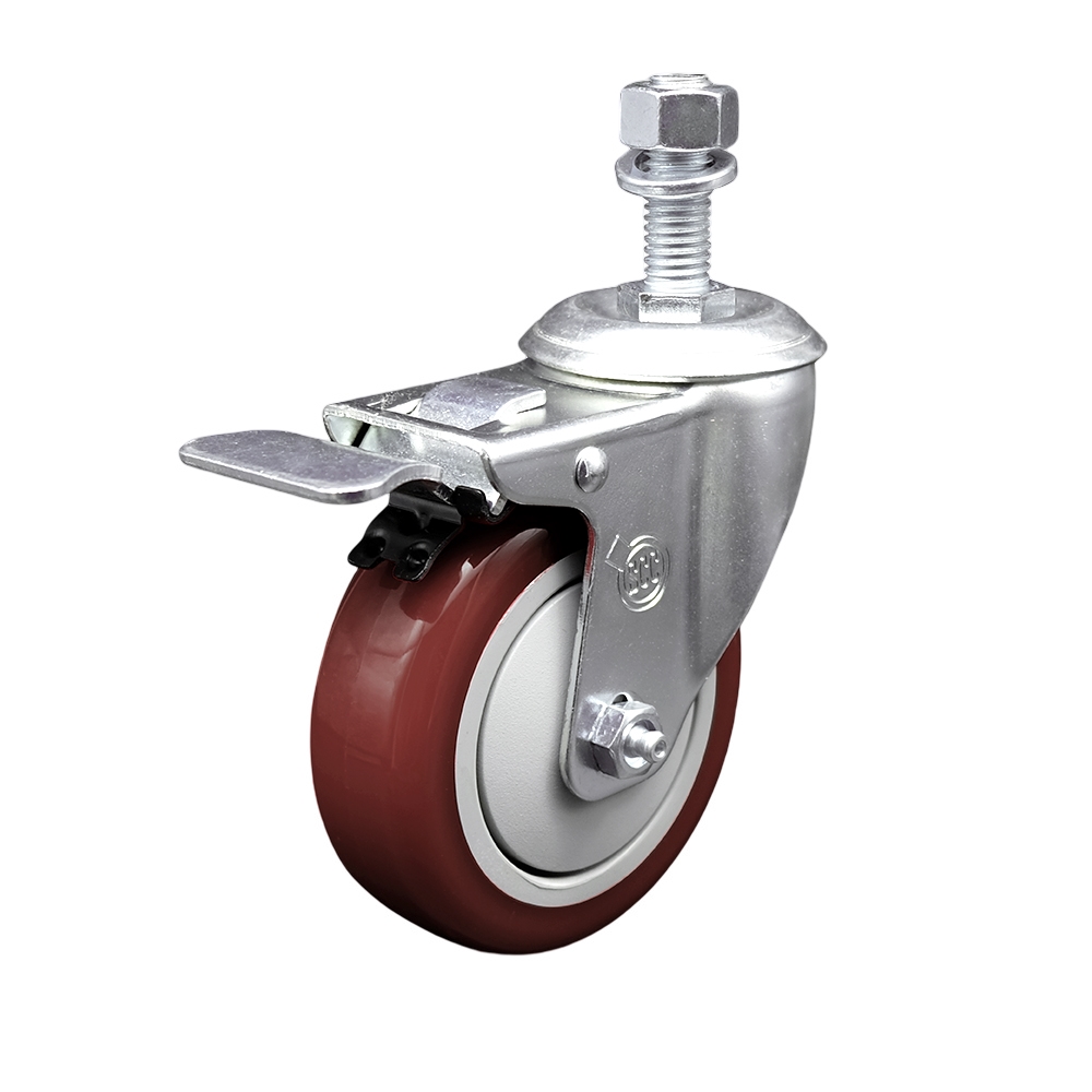 Stainless Steel Polyurethane Swivel Threaded Stem Caster w/4" x 1.25" Maroon Wheel and 12mm Stem & Total Locking Brake - 350 lbs Capacity/Caster - Service Caster Brand — photo 1