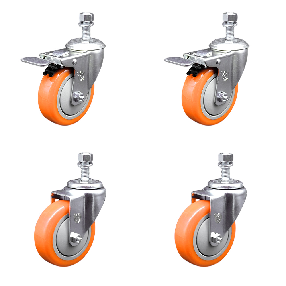 Stainless Steel Polyurethane Swivel Threaded Stem Caster Set of 4 w/4" x 1.25" Orange Wheels and 1/2" Stems - Includes 2 with Total Locking Brake - 1400 lbs Total Capacity - Service Caster Brand — photo 1
