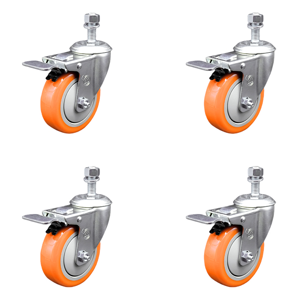 Stainless Steel Polyurethane Swivel Threaded Stem Caster Set of 4 w/4" x 1.25" Orange Wheels and 1/2" Stems - Includes 4 with Total Lock Brakes - 1400 lbs Total Capacity - Service Caster Brand — photo 1
