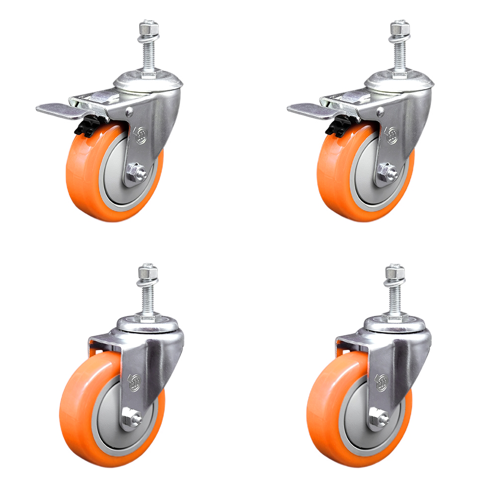 Stainless Steel Polyurethane Swivel Threaded Stem Caster Set of 4 w/4" x 1.25"  Orange Wheels and 10mm Stems - Includes 2 with Total Locking Brake - 1400 lbs Total Capacity - Service Caster Brand — photo 1