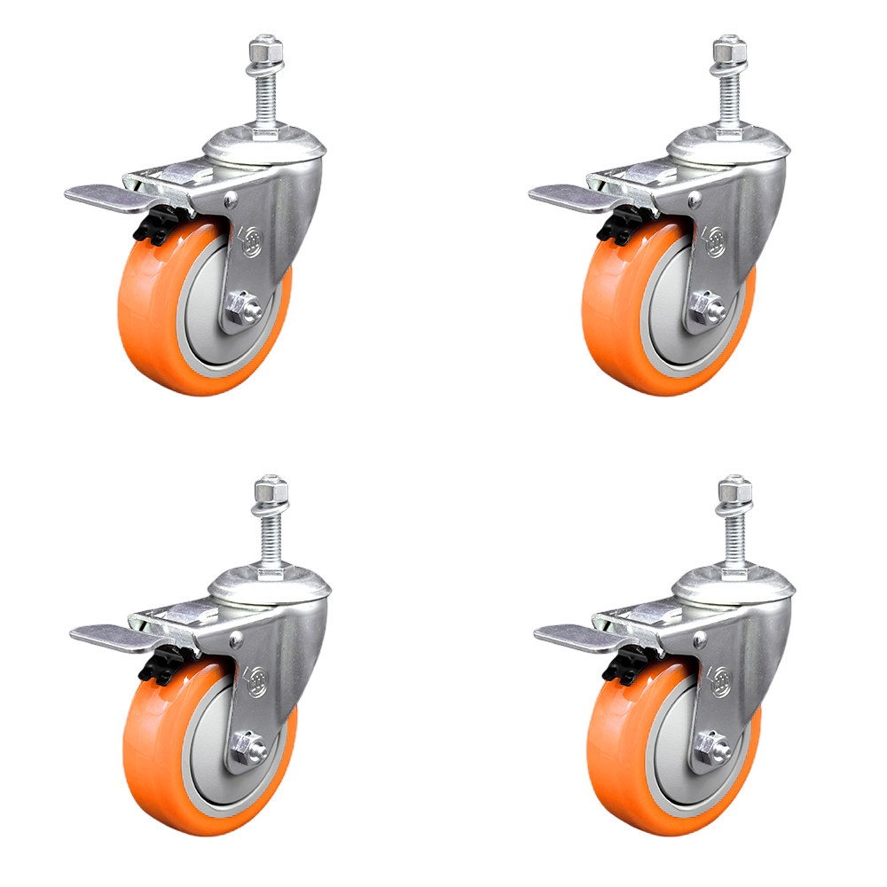 Stainless Steel Polyurethane Swivel Threaded Stem Caster Set of 4 w/4" x 1.25" Orange Wheels and 10mm Stems - Includes 4 with Total Lock Brakes - 1400 lbs Total Capacity - Service Caster Brand — photo 1